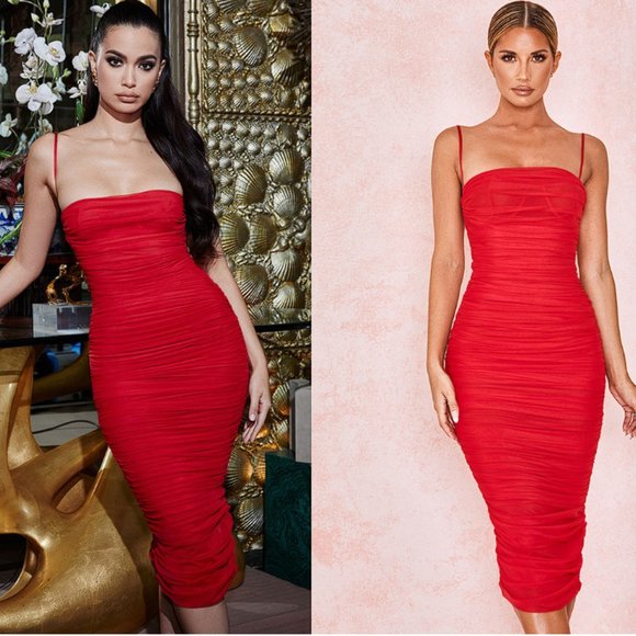 House of CB Dresses & Skirts - RARE HOUSE OF CB 'Sirene' Red Gathered Organza Mesh Dress NWT